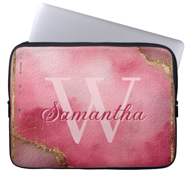 Pink Watercolor Background with Gold Glitter Laptop Sleeve (Front)