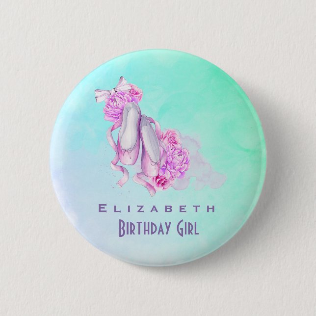 Pink Watercolor Ballet Shoes Birthday Girl 2 Inch Round Button (Front)