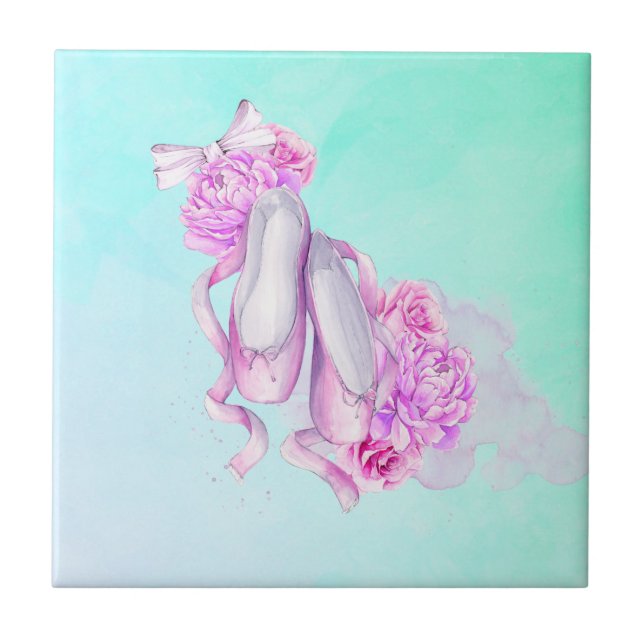 Pink Watercolor Ballet Shoes with Peonies and Bow Tile (Front)
