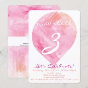 Pink Watercolor Balloon Little Girl Birthday Invitation