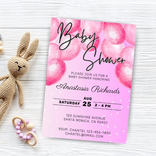 Pink Watercolor Balloons Baby Shower Invitation (pink watercolor balloons baby shower invitation)