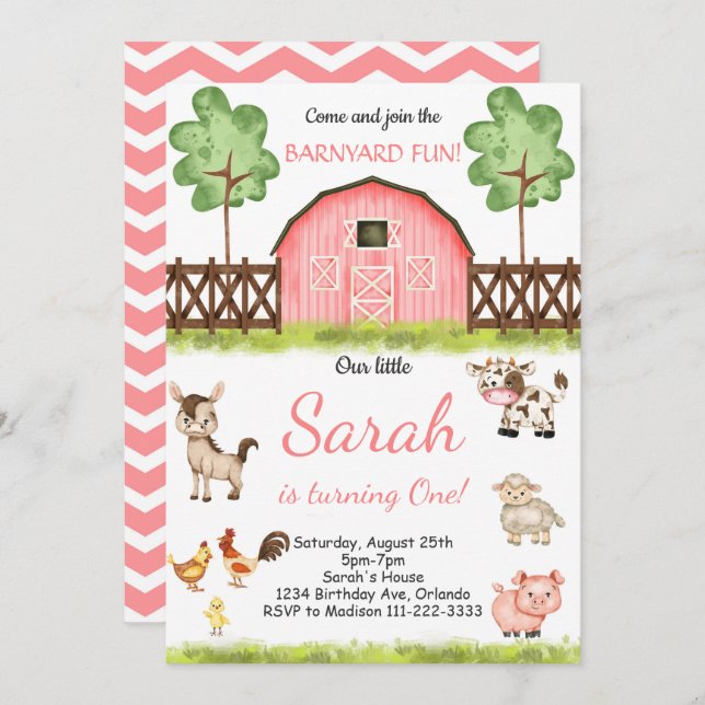 Pink Watercolor Barnyard Farm Birthday Invitation (Front/Back)