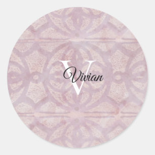 Pink Watercolor Batik Monogram Name Classic Round Sticker