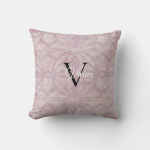 Pink Watercolor Batik Monogram Name Throw Pillow