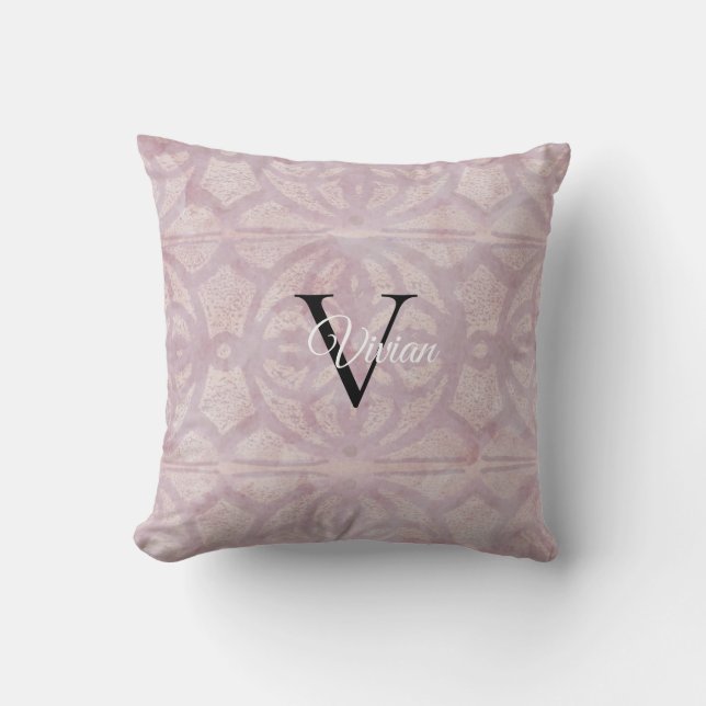 Pink Watercolor Batik Monogram Name Throw Pillow (Front)