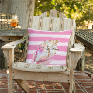 Pink Watercolor Beach Stripes Gold Shell Outdoor Pillow