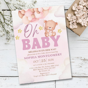 Pink Watercolor Bear Baby Shower Girl Invitation
