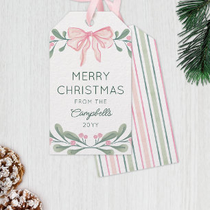 Pink Watercolor Berries Bow Merry Christmas Gift Tags