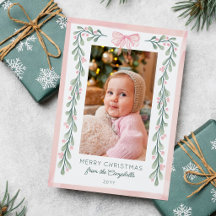 Pink Watercolor Berries Bow Photo Merry Christmas