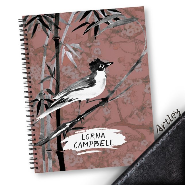 Pink Watercolor Bird Bamboo Custom Name  Notebook (Creator Uploaded)
