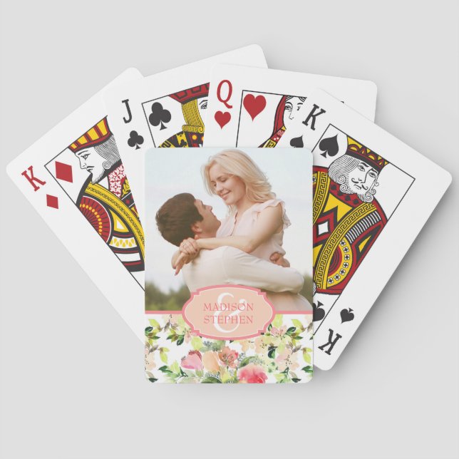 Pink Watercolor Blossom Pattern - Wedding Photo Playing Cards (Back)