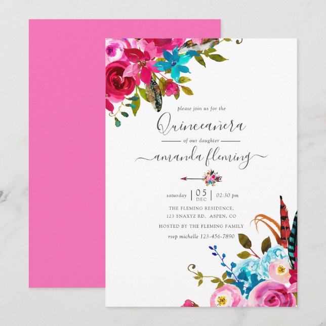 Pink Watercolor Boho Chic Floral Quinceañera Invitation (Front/Back)