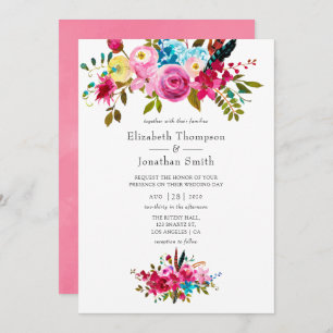 Pink Watercolor Boho Chic Floral Wedding Invitation
