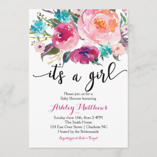 Pink watercolor boho Floral Baby Shower Invitation