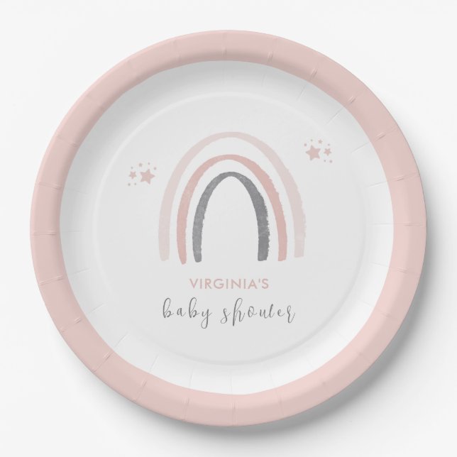 Pink Watercolor Boho Rainbow Baby Shower Paper Plate (Front)