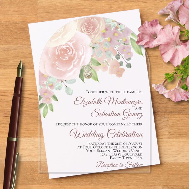 Pink Watercolor Boho Roses Elegant Arch Wedding Acrylic Invitations (Creator Uploaded)