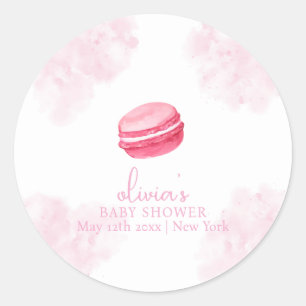 Pink Watercolor Bonjour Bébé Macaron Baby Shower Classic Round Sticker