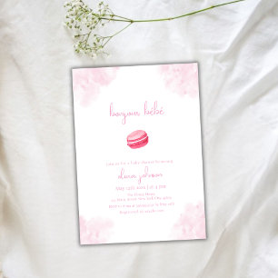 Pink Watercolor Bonjour Bébé Macaron Baby Shower  Invitation
