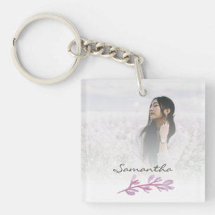 Pink Watercolor Botancial Photo Keepsake Keychain