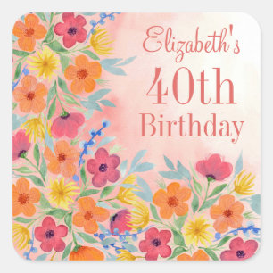 Pink Watercolor Botanical Personalized Birthday Square Sticker