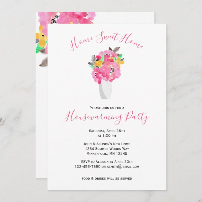 Pink Watercolor Bouquet | Floral Housewarming Invitation (Front/Back)