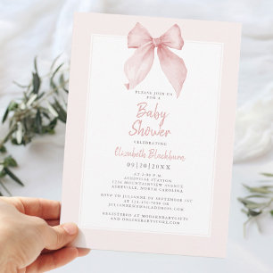 Pink Watercolor Bow Baby Shower Coquette Elegant Invitation