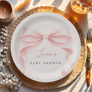Pink Watercolor Bow Baby Shower Paper Plate