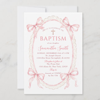 Pink Watercolor Bow Girl Baptism Invitation