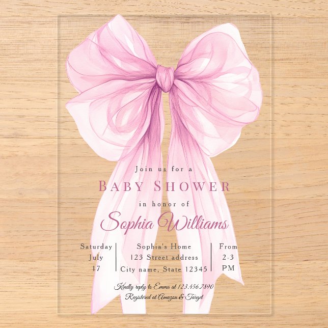Pink Watercolor Bow & Ribbon Design Acrylic Invitations (Front)