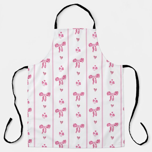 Pink Watercolor Bow Stripes Coquette Aesthetic Apron (Front)