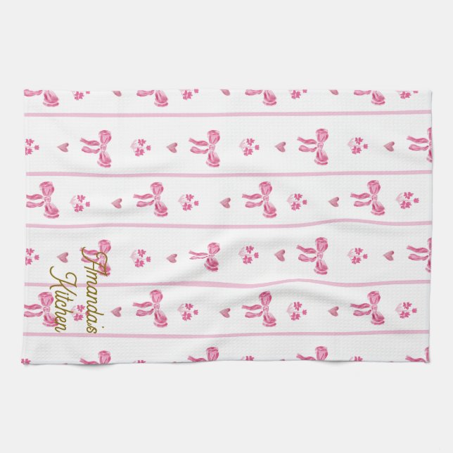 Pink Watercolor Bow Stripes Coquette Aesthetic Kitchen Towel (Horizontal)