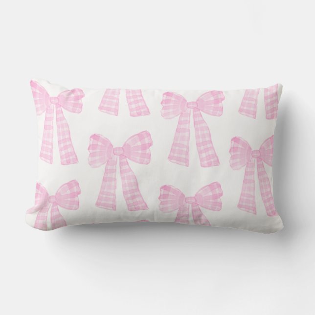 Pink Watercolor Bows Preppy Grandmillennial Lumbar Pillow (Front)