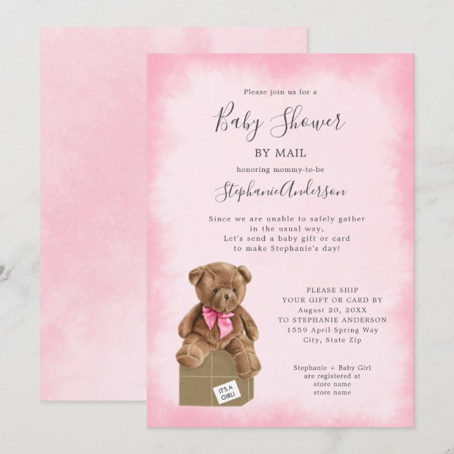 Pink Watercolor Brown Bear Baby Shower by Mail Invitation (Front/Back)