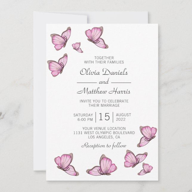 Pink watercolor butterflies. Elegant wedding Invitation (Front)