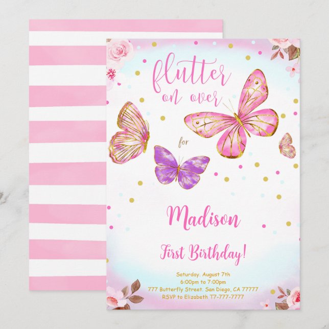 Pink Watercolor Butterfly Birthday Invitation (Front/Back)