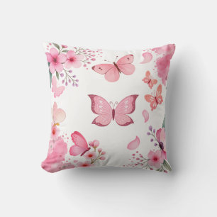 Pink Watercolor Butterfly Floral Garden Throw Pillow