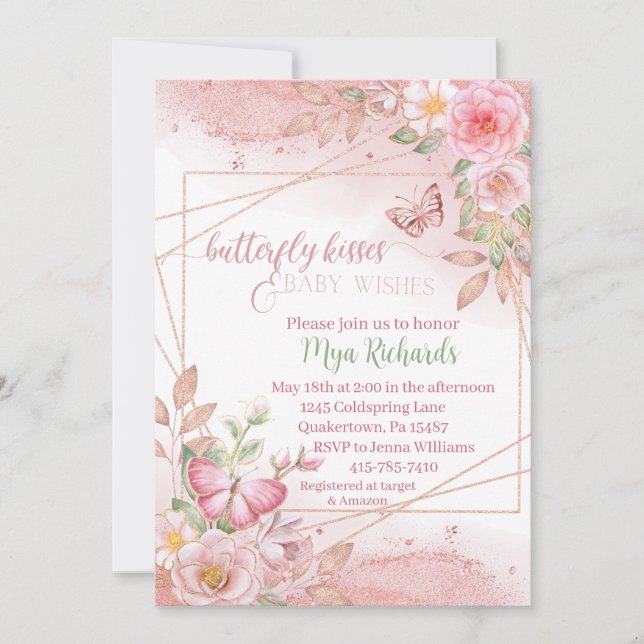 Pink Watercolor Butterfly kisses Baby Shower Invitation (Front)