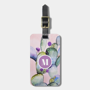 Pink Watercolor Cactus & Flowers   Monogram Luggage Tag