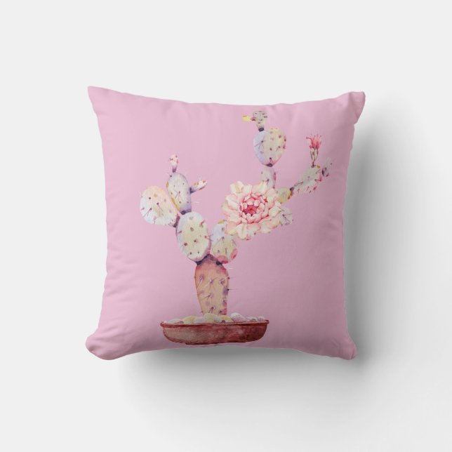 Pink Watercolor Cactus Throw Pillow (Front)