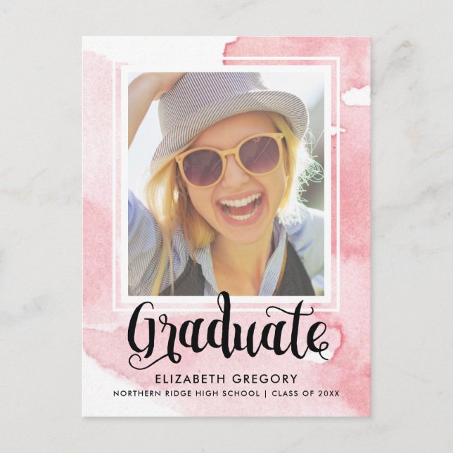 Pink Watercolor Calligraphy Photo Graduation Postcard (Front)