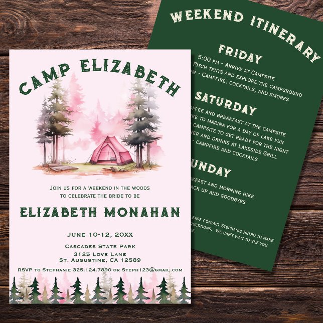 Pink Watercolor Camping Bachelorette Weekend Invitation (Creator Uploaded)