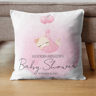 Pink watercolor cat keepsake for baby girl Shower Throw Pillow