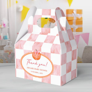 Pink Watercolor Check Pattern Pumpkin Baby Shower Favor Box