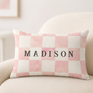 Pink Watercolor Chequerboard Custom Name Lumbar Pillow