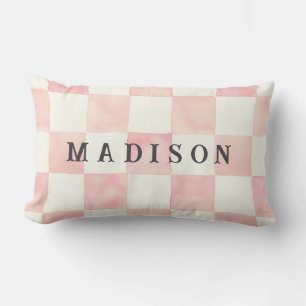 Pink Watercolor Chequerboard Custom Name Lumbar Pillow
