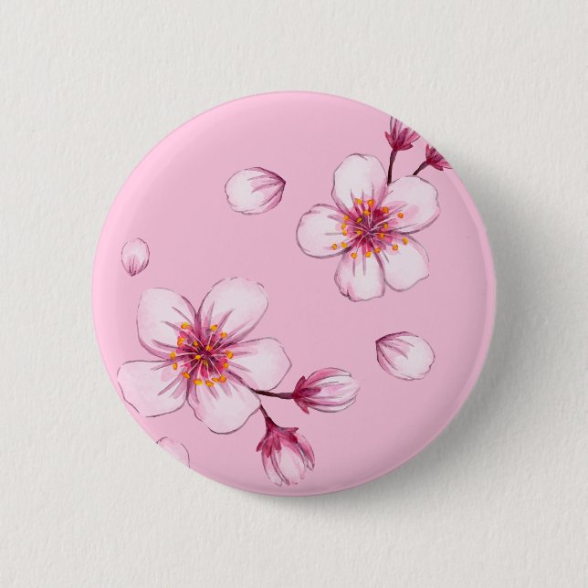 Pink Watercolor Cherry Blossom Pattern 2 Inch Round Button (Front)
