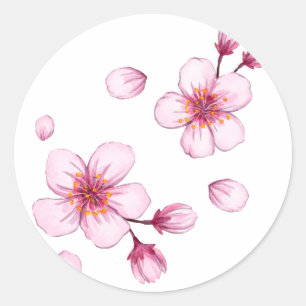 Pink Watercolor Cherry Blossom Pattern Classic Round Sticker
