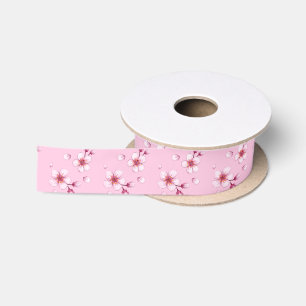 Pink Watercolor Cherry Blossom Pattern Satin Ribbon