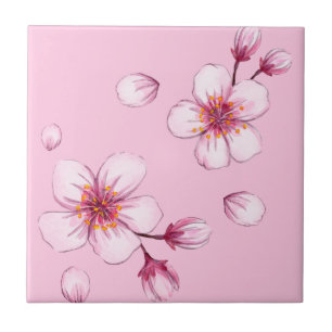Pink Watercolor Cherry Blossom Pattern Tile
