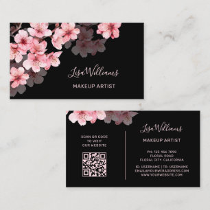 Pink Watercolor Cherry Blossoms Black Business Card